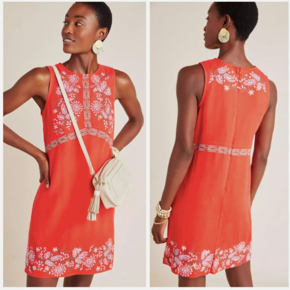 New! Anthropologie Aiko Embroidered Red Linen Blend Shift Dress Women's Size 6 - Picture 13 of 13